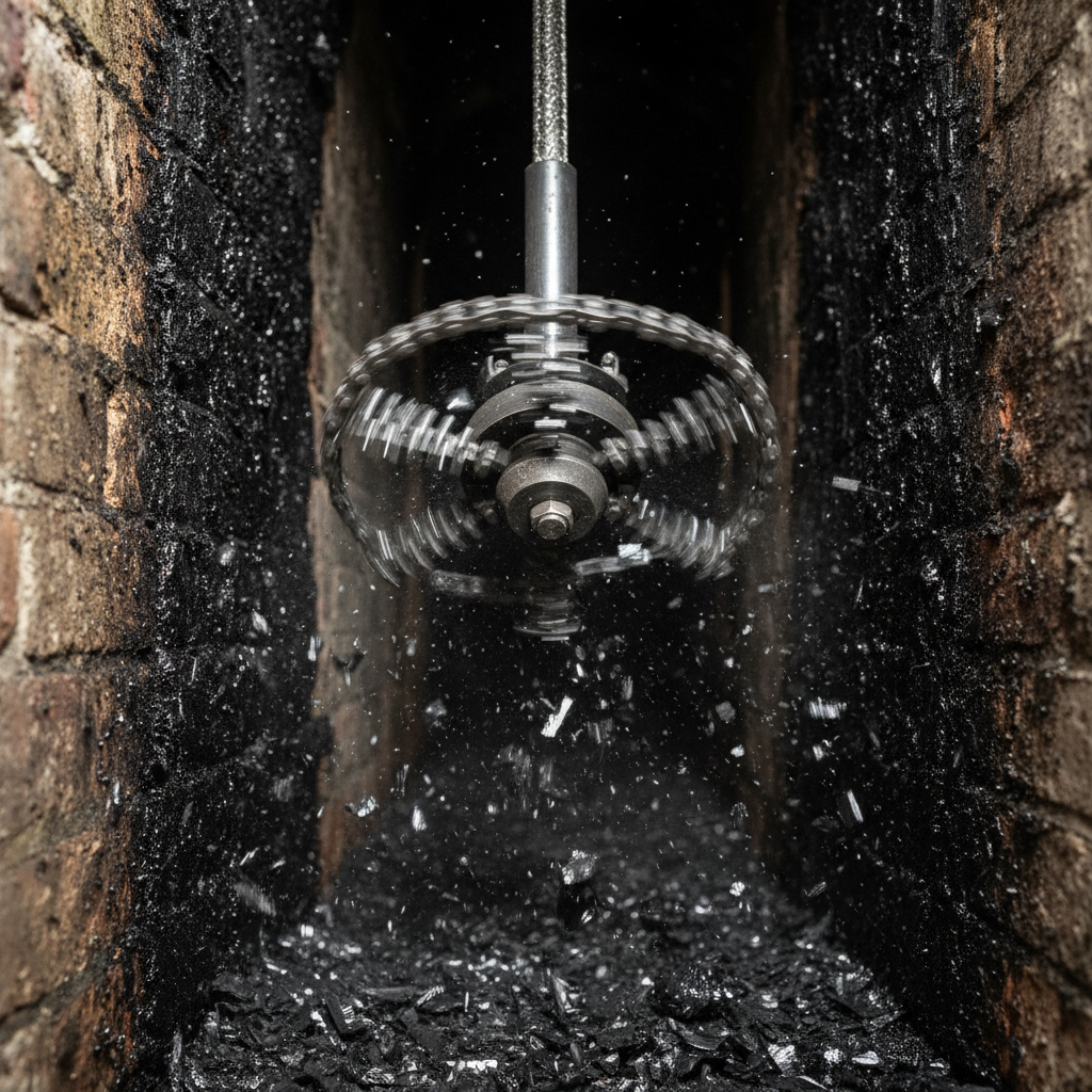 Mechanical creosote removal from a chimney flue in Confolens
