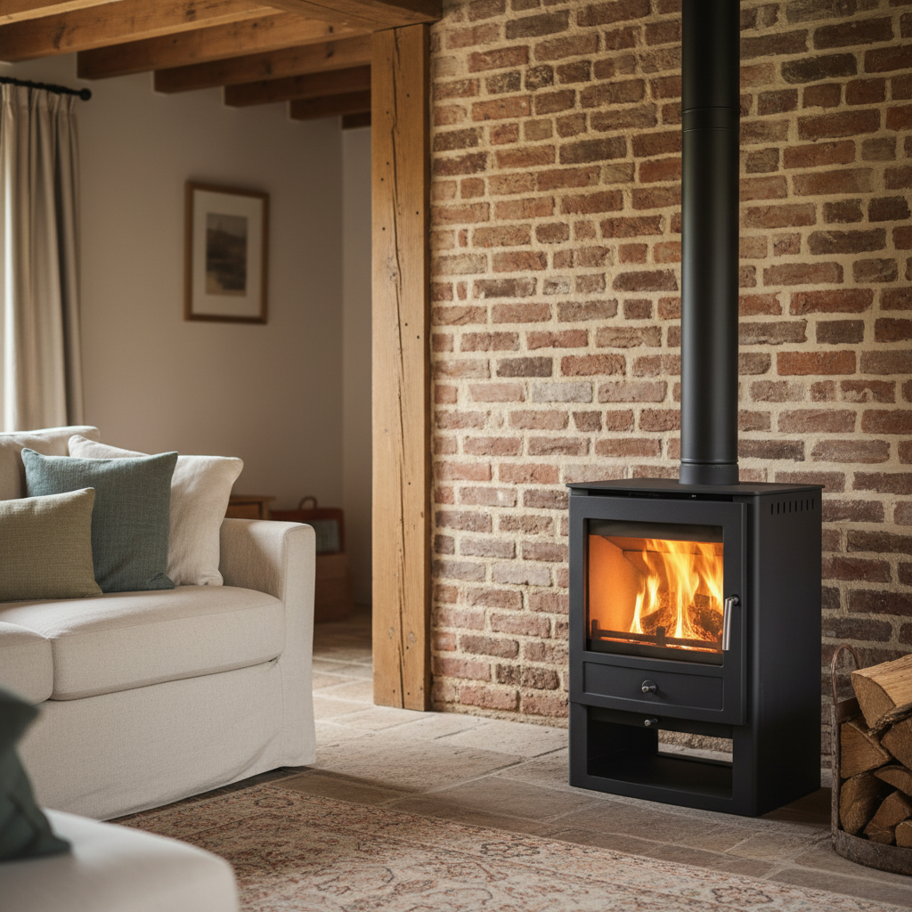 Wood stove sweeping in a Charente living room